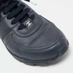 Chanel Navy Blue/White Leather Lace Up Sneakers Size 39.5