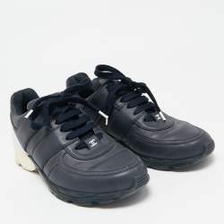 Chanel Navy Blue/White Leather Lace Up Sneakers Size 39.5