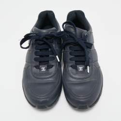 Chanel Navy Blue/White Leather Lace Up Sneakers Size 39.5