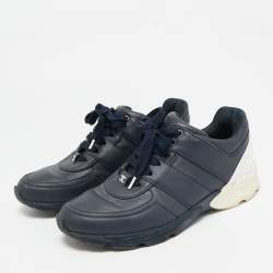 Chanel Navy Blue/White Leather Lace Up Sneakers Size 39.5
