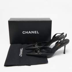 Pre Owned Chanel Black Leather Pointed Toe Slingback Pumps Size 38.5