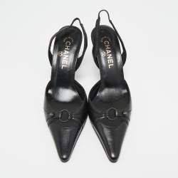 Pre Owned Chanel Black Leather Pointed Toe Slingback Pumps Size 38.5