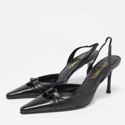 Pre Owned Chanel Black Leather Pointed Toe Slingback Pumps Size 38.5
