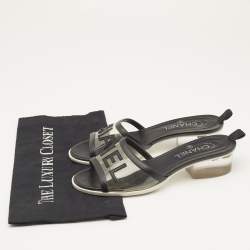 Chanel Black Leather and PVC Logo Block Heel Slide Sandals Size 39