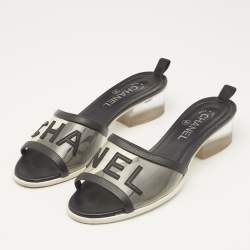 Chanel Black Leather and PVC Logo Block Heel Slide Sandals Size 39