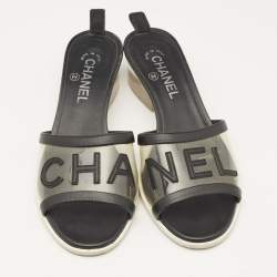 Chanel Black Leather and PVC Logo Block Heel Slide Sandals Size 39