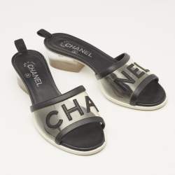 Chanel Black Leather and PVC Logo Block Heel Slide Sandals Size 39