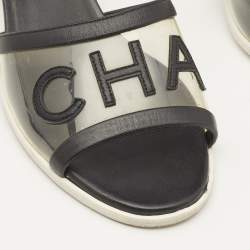 Chanel Black Leather and PVC Logo Block Heel Slide Sandals Size 39