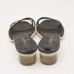 Chanel Black Leather and PVC Logo Block Heel Slide Sandals Size 39