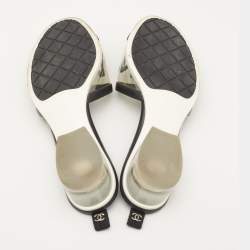 Chanel Black Leather and PVC Logo Block Heel Slide Sandals Size 39