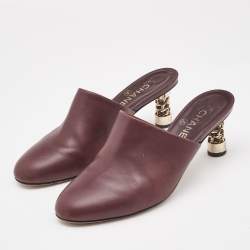 Chanel Burgundy Leather Chain Detail Heel Mules Size 39.5