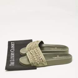 مملوكة مسبقًا Chanel Green Canvas Tropiconic Chain Link Flat Slides Size 39