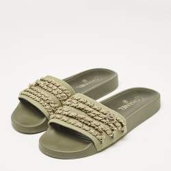 مملوكة مسبقًا Chanel Green Canvas Tropiconic Chain Link Flat Slides Size 39