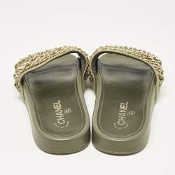 مملوكة مسبقًا Chanel Green Canvas Tropiconic Chain Link Flat Slides Size 39