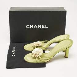 Chanel Metallic Green Suede Pearl Embellished Camellia Slide Sandals Size 37