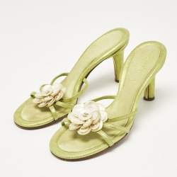 Chanel Metallic Green Suede Pearl Embellished Camellia Slide Sandals Size 37