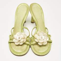 Chanel Metallic Green Suede Pearl Embellished Camellia Slide Sandals Size 37