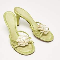 Chanel Metallic Green Suede Pearl Embellished Camellia Slide Sandals Size 37