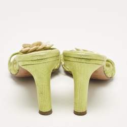 Chanel Metallic Green Suede Pearl Embellished Camellia Slide Sandals Size 37