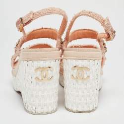 Chanel Pink Tweed Chain Link Platform Wedge Sandals Size 37.5