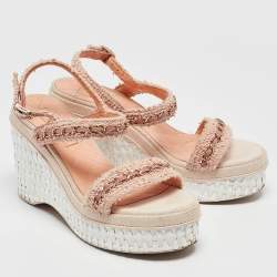 Chanel Pink Tweed Chain Link Platform Wedge Sandals Size 37.5