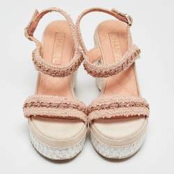 Chanel Pink Tweed Chain Link Platform Wedge Sandals Size 37.5
