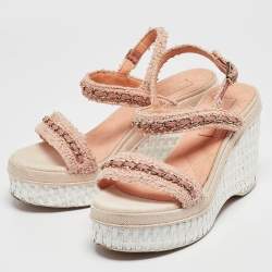 Chanel Pink Tweed Chain Link Platform Wedge Sandals Size 37.5