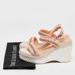 Chanel Pink Tweed Chain Link Platform Wedge Sandals Size 37.5