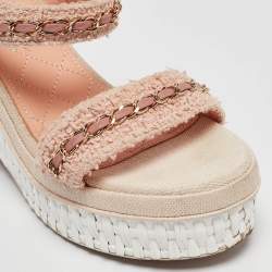Chanel Pink Tweed Chain Link Platform Wedge Sandals Size 37.5
