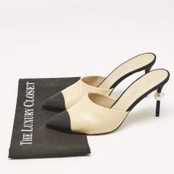 Chanel Beige/Black Leather and Fabric Cap Toe CC Faux Pearl Heel Mules Size 40.5
