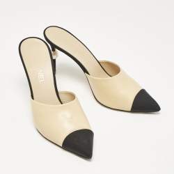 Chanel Beige/Black Leather and Fabric Cap Toe CC Faux Pearl Heel Mules Size 40.5