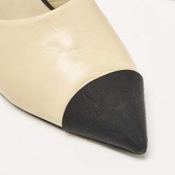 Chanel Beige/Black Leather and Fabric Cap Toe CC Faux Pearl Heel Mules Size 40.5