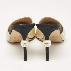 Chanel Beige/Black Leather and Fabric Cap Toe CC Faux Pearl Heel Mules Size 40.5