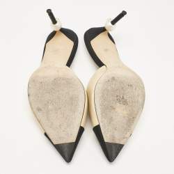 Chanel Beige/Black Leather and Fabric Cap Toe CC Faux Pearl Heel Mules Size 40.5