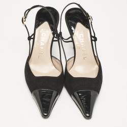 Chanel Black Patent Leather and Suede Pointed Toe Slingback Sandals Size 37.5