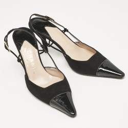 Chanel Black Patent Leather and Suede Pointed Toe Slingback Sandals Size 37.5