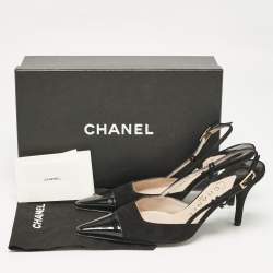 Chanel Black Patent Leather and Suede Pointed Toe Slingback Sandals Size 37.5