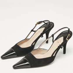 Chanel Black Patent Leather and Suede Pointed Toe Slingback Sandals Size 37.5