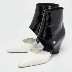 Chanel Black Patent Leather Cut Out Ankle Boots Size 39