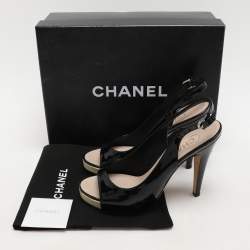 Pre Owned Chanel Black Patent Leather CC Slingback Sandals Size 36.5