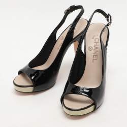 Pre Owned Chanel Black Patent Leather CC Slingback Sandals Size 36.5
