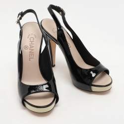 Pre Owned Chanel Black Patent Leather CC Slingback Sandals Size 36.5