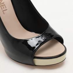 Pre Owned Chanel Black Patent Leather CC Slingback Sandals Size 36.5
