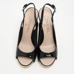 Pre Owned Chanel Black Patent Leather CC Slingback Sandals Size 36.5