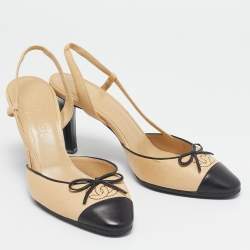 Pre Owned Chanel Beige/Black Leather Cap Toe CC Bow Slingback Pumps Size 37