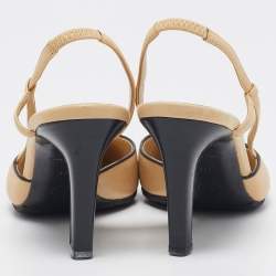 Pre Owned Chanel Beige/Black Leather Cap Toe CC Bow Slingback Pumps Size 37