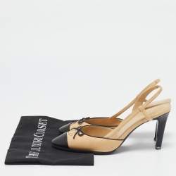 Pre Owned Chanel Beige/Black Leather Cap Toe CC Bow Slingback Pumps Size 37