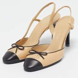 Pre Owned Chanel Beige/Black Leather Cap Toe CC Bow Slingback Pumps Size 37