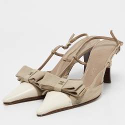 Pre Owned Chanel White/Grey Canvas and Leather CC Bow Slingback Pumps Size 37