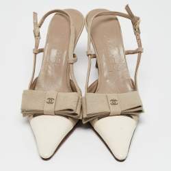 Pre Owned Chanel White/Grey Canvas and Leather CC Bow Slingback Pumps Size 37